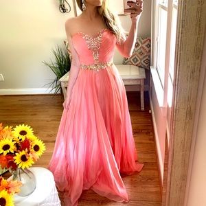Jewel Gem Coral Sweetheart Ball Gown Evening Dress